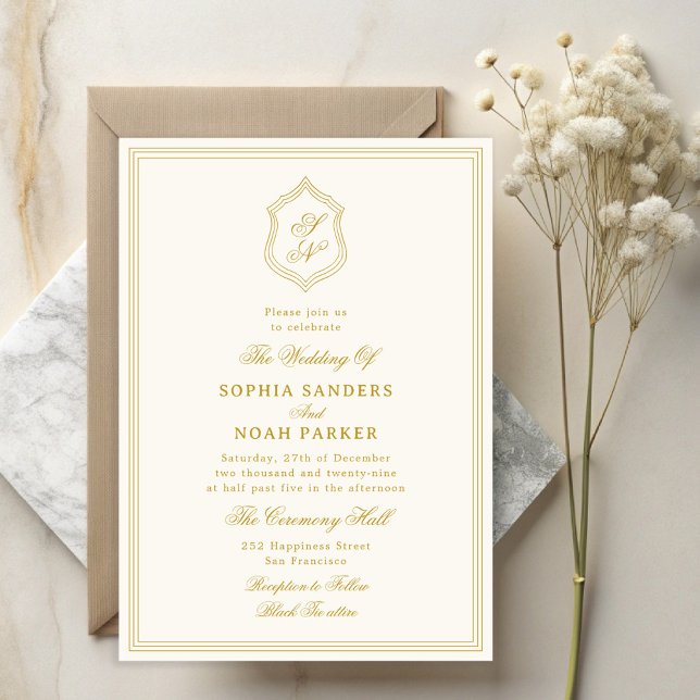 Elegant vintage classic gold monogram wedding invitation (Creator Uploaded)