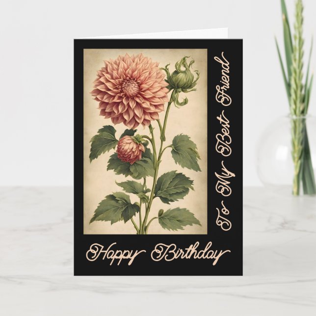 Elegant Vintage Classic Pink Dahlia Black Birthday Card (Front)