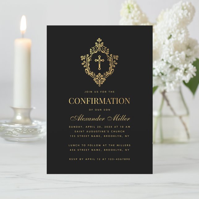 Elegant Vintage Confirmation Black Faux Gold Crest Invitation (Creator Uploaded)