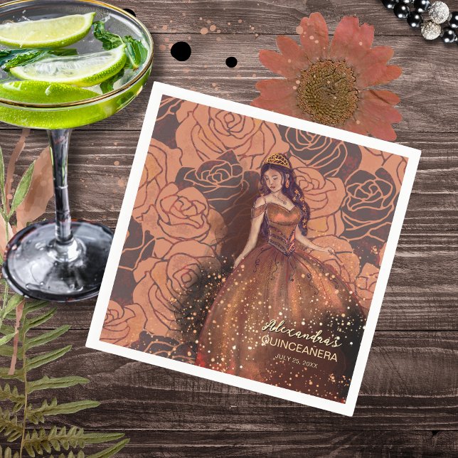 Elegant Vintage Copper Rose Quinceañera Napkin (Elegant Vintage Copper Rose Quinceañera Napkin)