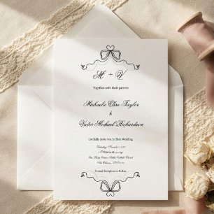 Elegant Vintage Coquette Monogram White Wedding Invitation