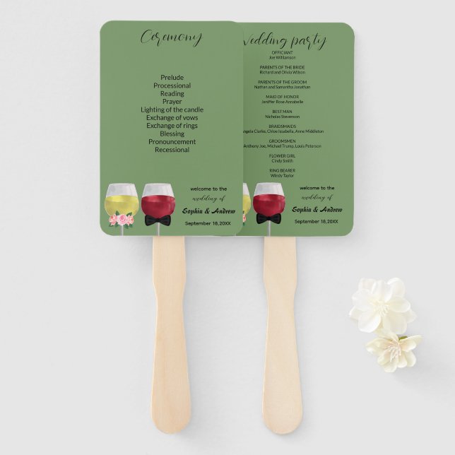 Elegant Vintage Couple Wine Wedding  Program Hand Fan (Front and Back)