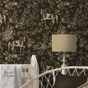 Elegant Vintage Cream Brown Horse Floral Pattern Wallpaper
