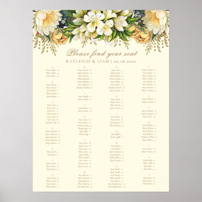 Elegant Vintage Cream Floral Wedding Seating Chart (Front)