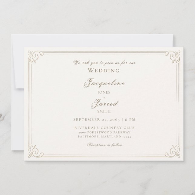 Elegant Vintage Cream Gold Frame Wedding  Invitation (Front)