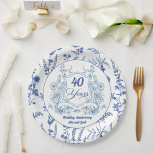 Elegant Vintage Crest 40th Wedding Anniversary Paper Plate