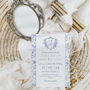 Elegant Vintage Crest Dusty Blue Floral Wedding Invitation