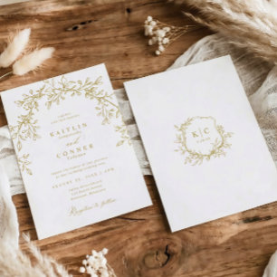 Elegant Vintage Crest Gold Botanical Wedding Invitation
