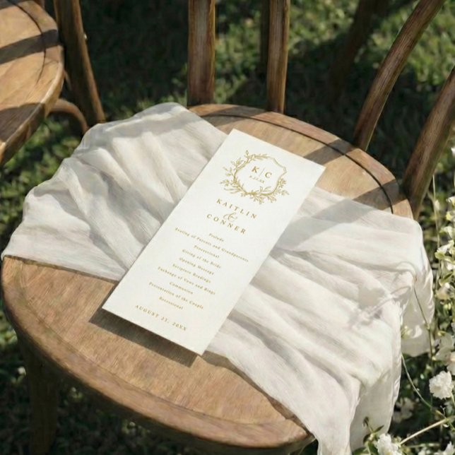 Elegant Vintage Crest Gold Classic Wedding Programme (Printed wedding programs with elegant gold crest and botanicals - greenery)