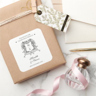 Elegant Vintage Crest Line Art Monogram Thank You Square Sticker