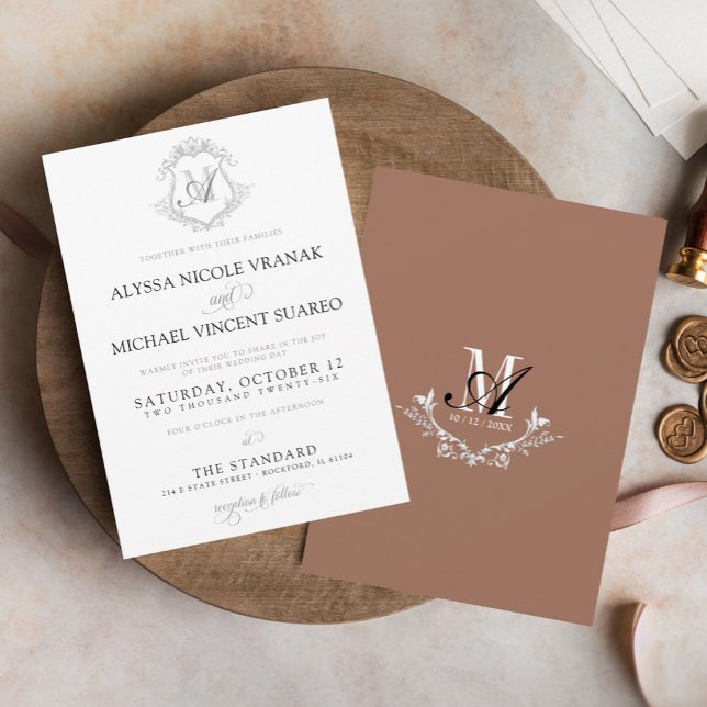 Elegant Vintage Crest Monogram Mocha Wedding Invitation (Elegant simple classic vintage crest monogram calligraphy script print digital wedding invitation)