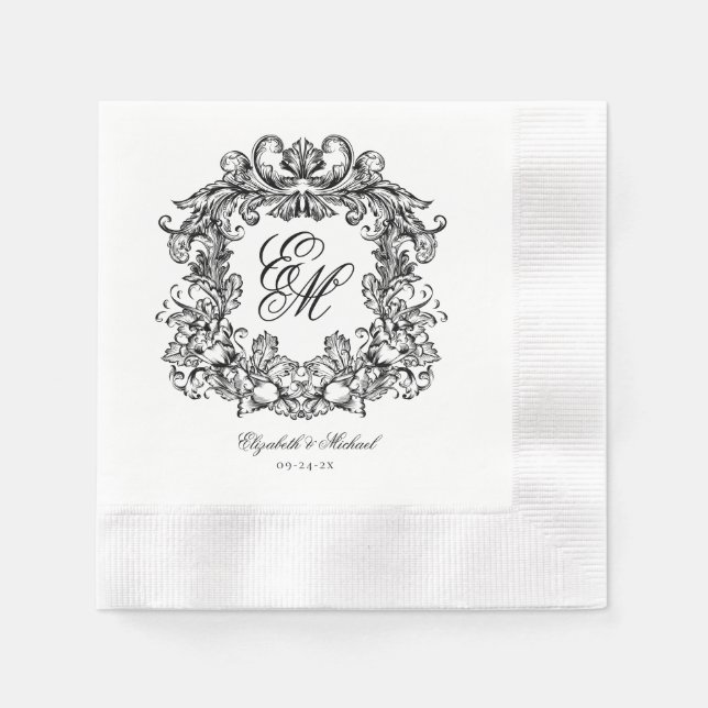 Elegant Vintage Crest Monogram Wedding Napkin (Front)