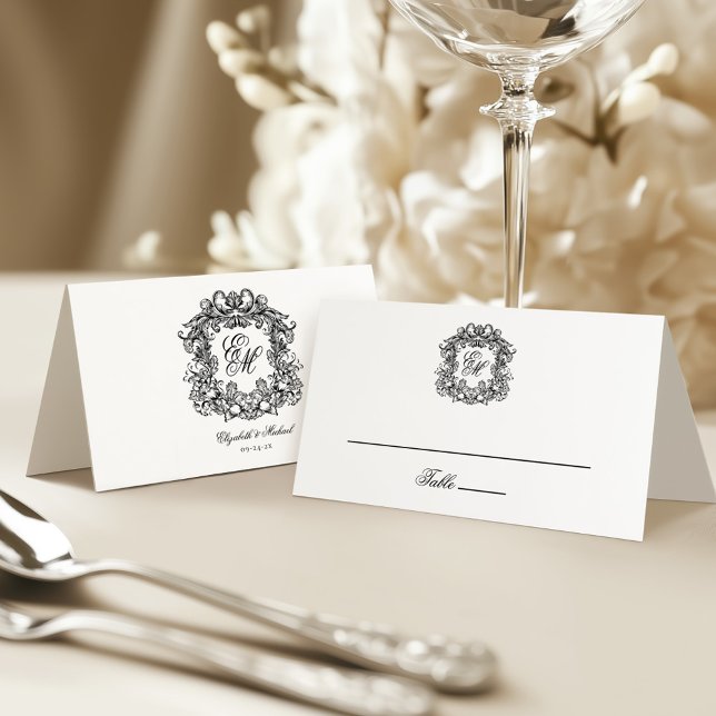 Elegant Vintage Crest Monogram Wedding Place Card (Creator Uploaded)