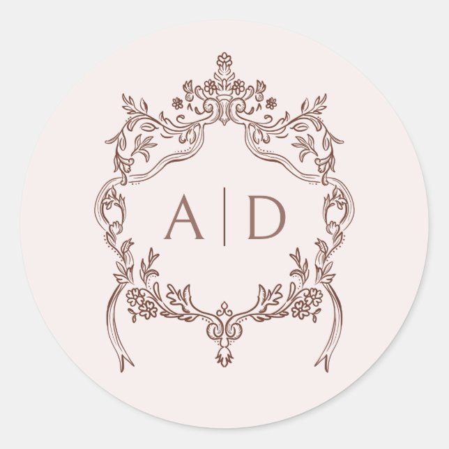 Elegant Vintage Crest Wedding Monograms Classic Round Sticker (Front)
