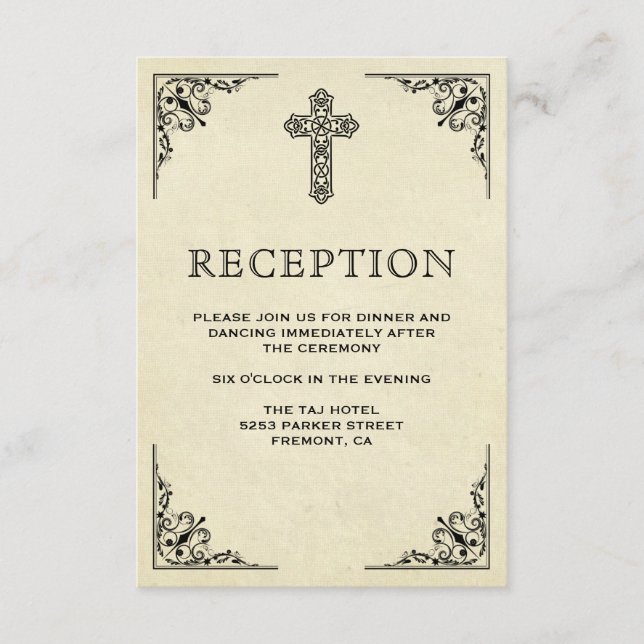 Elegant Vintage Cross Christian Wedding Reception Enclosure Card (Front)