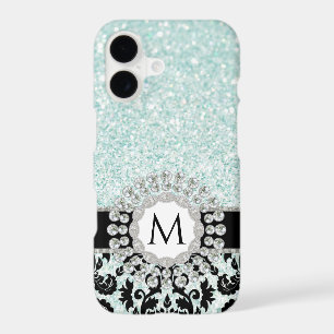 Elegant Vintage Damask Bling Aqua Blue Monogrammed