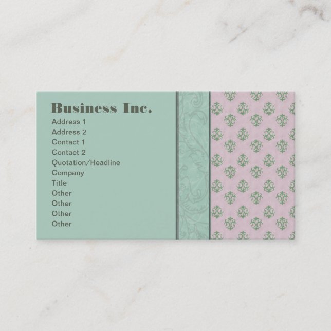 Elegant Vintage Damask Blue and Pink Business Card (Front)