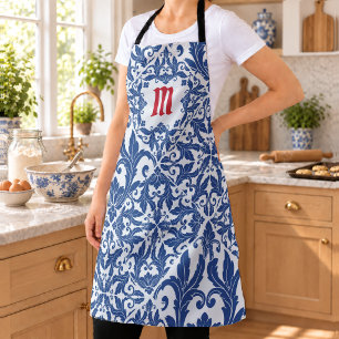 Elegant vintage damask navy Blue yellow monogram Apron