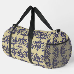 Elegant vintage damask navy Blue yellow monogram Duffle Bag
