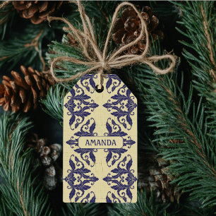 Elegant vintage damask navy Blue yellow monogram Gift Tags