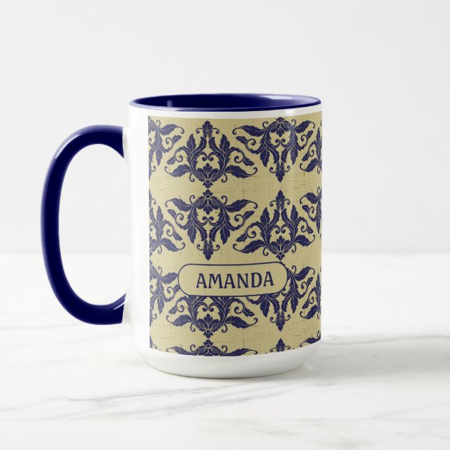 Elegant vintage damask navy Blue yellow monogram Mug (Left)