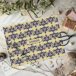 Elegant vintage damask navy Blue yellow monogram Tissue Paper