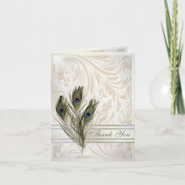 elegant vintage damask peacock wedding thank You Card (Front)