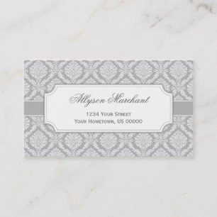 Elegant Vintage Damask Silver Grey and White Business Card