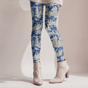 Elegant vintage dark blue toile de jouy leggings