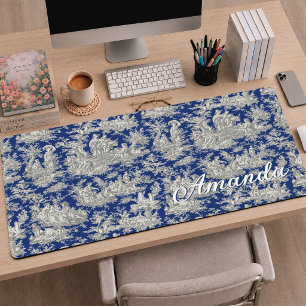 Elegant vintage dark blue toile de jouy monogram desk mat
