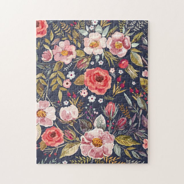 Elegant Vintage Dark Botanical Wildflower Pattern Jigsaw Puzzle (Vertical)