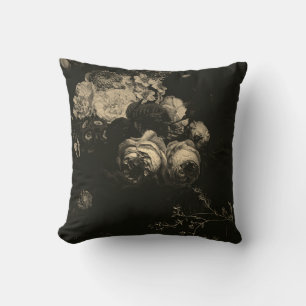 Elegant Vintage Dark Brown Moody Dutch Art Floral  Cushion