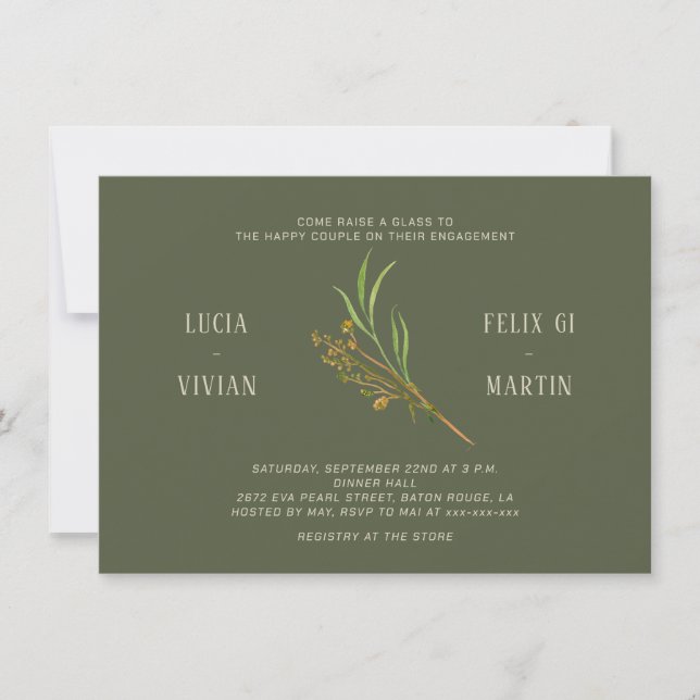 Elegant Vintage Dark Green Rustic Engagement Party Invitation (Front)