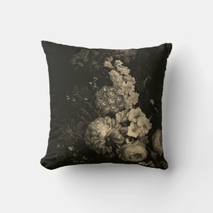 Elegant Vintage Dark Moody Beige Dutch Floral  Cushion