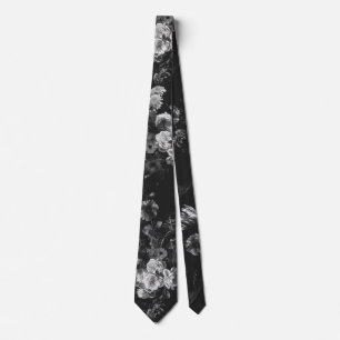 Elegant Vintage Dark Moody Black Gray Floral Tie