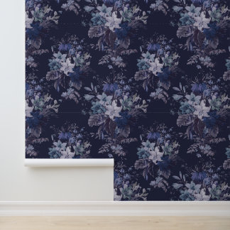 Elegant Vintage Dark Moody Blue Floral  Wallpaper