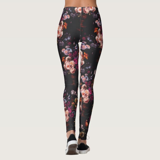 Elegant Vintage Dark Moody Burgundy Floral  Leggings (Back)