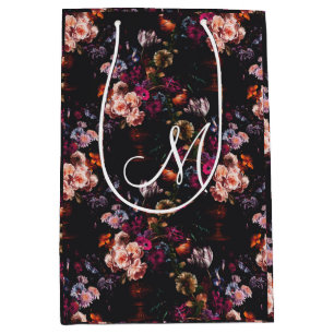 Elegant Vintage Dark Moody Burgundy Floral Medium Gift Bag