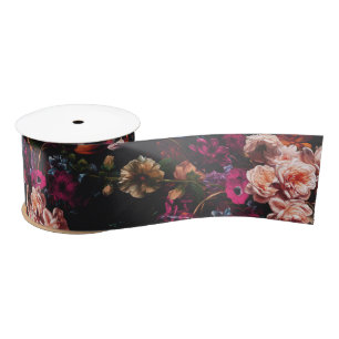 Elegant Vintage Dark Moody Burgundy Floral  Satin Ribbon