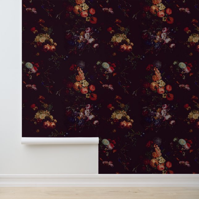 Elegant Vintage Dark Moody Burgundy Floral  Wallpaper (Application)