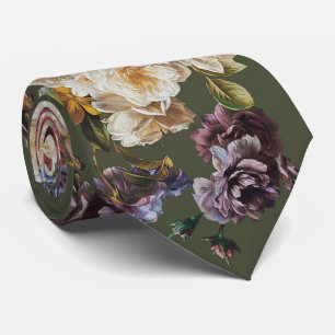 Elegant Vintage Dark Moody Floral on Olive Green Tie