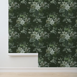 Elegant Vintage Dark Moody Green Floral  Wallpaper