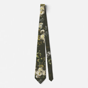 Elegant Vintage Dark Moody Olive Green Floral Tie