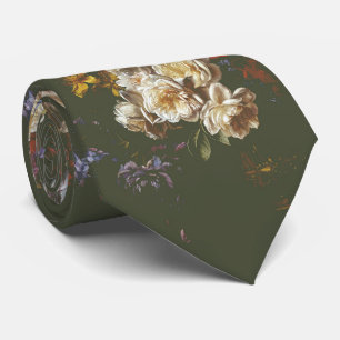 Elegant Vintage Dark Moody Olive Green Floral Tie