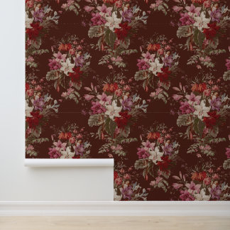 Elegant Vintage Dark Moody Red Floral  Wallpaper