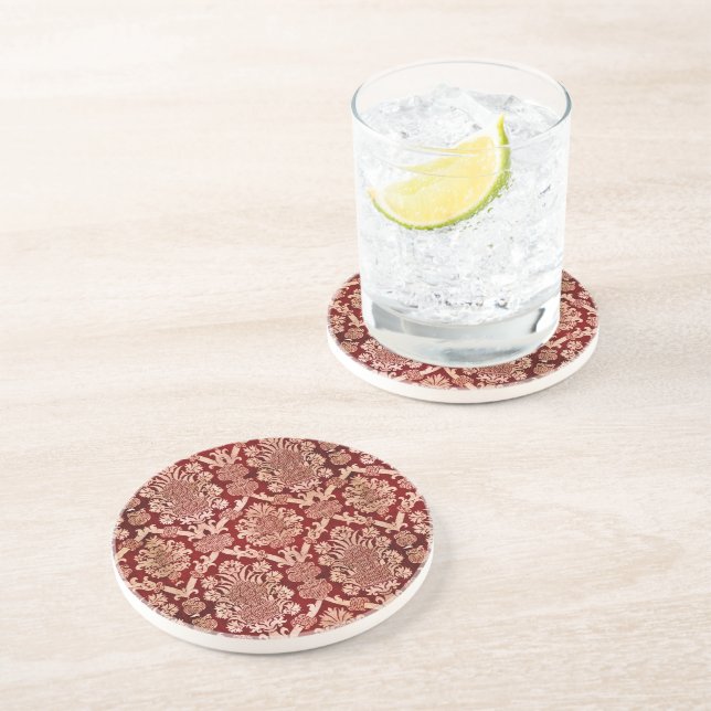 Elegant Vintage Dark Red Beige Damask Weave Coaster (Side)