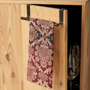 Elegant Vintage Dark Red Beige Damask Weave Tea Towel