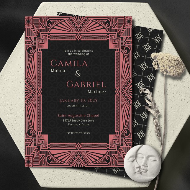Elegant Vintage Deco Black Salmon Invitation (Creator Uploaded)
