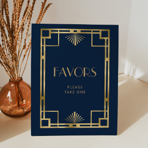 Elegant Vintage Deco Navy Blue Gold Wedding Favour Pedestal Sign