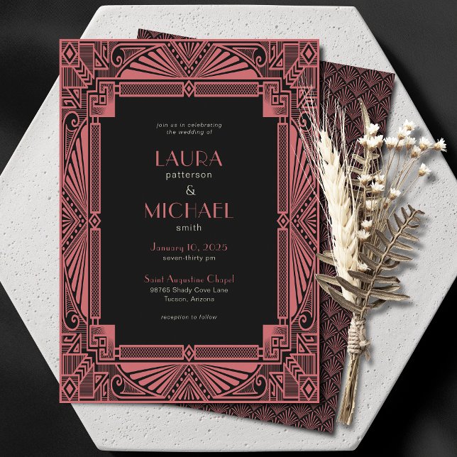 Elegant Vintage Deco Salmon Black Invitation (Creator Uploaded)